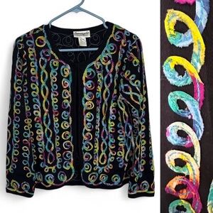Vintage 90s Rainbow Swirl Appliqué Multicolored Open Front Jacket -  Size Small